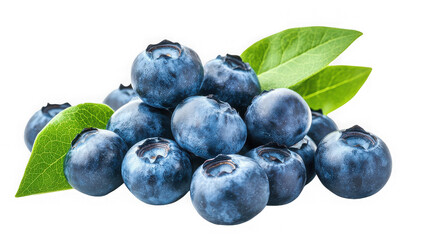 Fototapeta premium A close up of a pile of fresh blueberries with green leaves isolated surface on transparent background