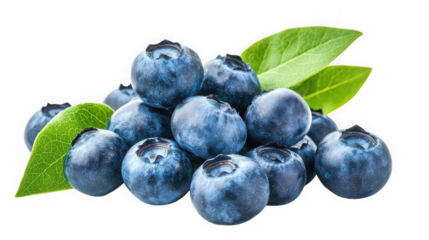 A close up of a pile of fresh blueberries with green leaves isolated  surface on transparent background
