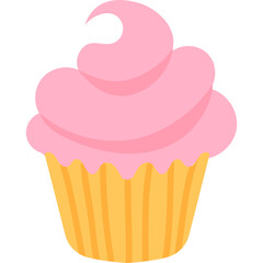 A cartoon cupcake with pink frosting and a yellow wrapper is isolated on a transparent background, representing a sweet dessert treat.
