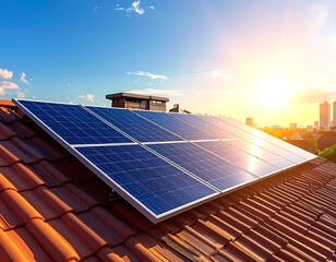 Solar panels on a red tile roof at sunset over a city skyline, showing clean energy.