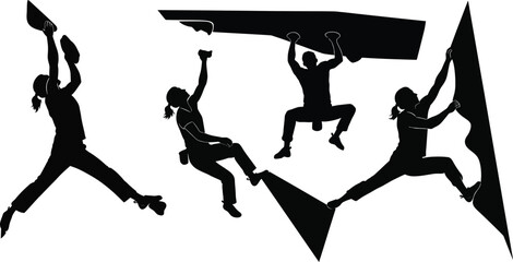 Rock Climbing Poses Silhouettes, Female Climber Vector Set, Dynamic Bouldering Figure Illustration