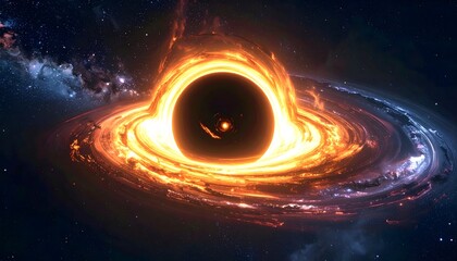 Artistic rendering of a black hole with swirling accretion disk in vibrant orange and blue hues against a backdrop of stars and cosmic dust.