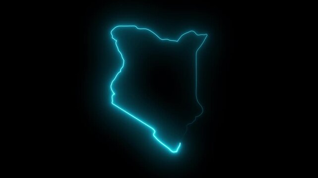 Kenya outline glowing neon blue electric light map shape on black background digital animation abstract representation of East African nation borders