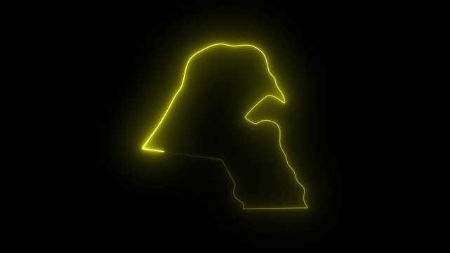Kuwait outline glowing yellow neon light on black background abstract map shape digital animation video
