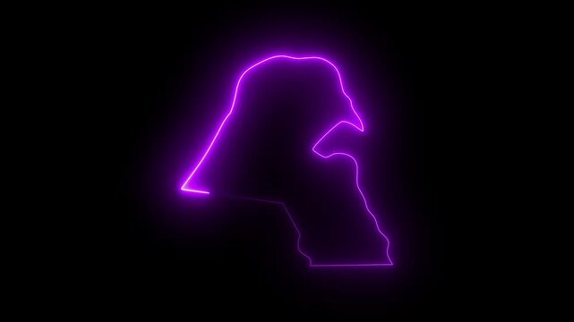 Kuwait map outline neon glow animation purple vibrant electric light border on black background digital representation country geography