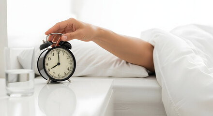A person's hand reaching from under the covers to turn off a classic alarm clock in the morning.