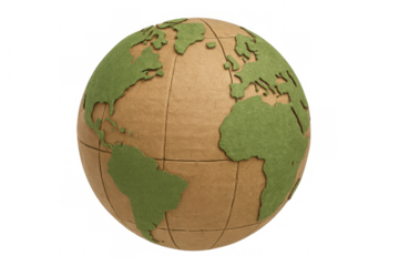 Eco-friendly earth globe representing global ecology, sustainability, and recycled materials on transparent background