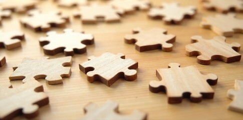 Unfinished Wooden Puzzle Pieces Scattered on Light Wood Tabletop, Ready for DIY Crafts and Woodworking Projects. Natural Wood Texture and Grain Detail.