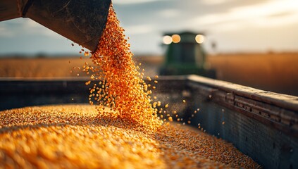 Golden corn harvest pouring into truck trailer at sunset, symbolizing abundance and successful agriculture