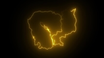 Cambodia map outline glowing yellow energy lightning strike on black background digital animation country - Powered by Adobe