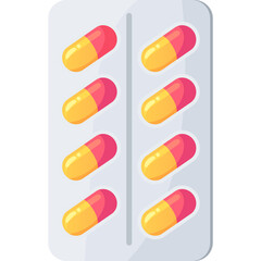 A Blister Pack Containing Eight Yellow and Pink Capsules and Pills Against a White Background