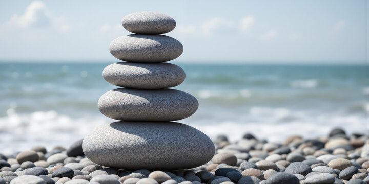 Zen Stone Balance Minimalism Perfectly stacked beach pebbles creating abstract vertical sculpture against unfocused ocean background in monochromatic palette without