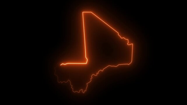 Mali country outline glowing neon orange map shape on black background digital animation abstract geography concept