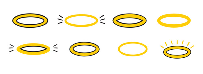 angels halo, nimbus doodle icon set. vector flat icon design yellow halo on white background. logo template halo element religion theme.