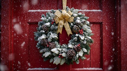 Christmas wreath hanging on a red door during a snowfall outside home