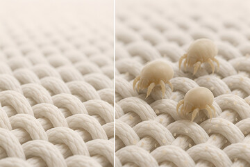 Realistic close-up of forearm skin with dust-mite–related dermatitis, scattered red papules and mild excoriation lines from scratching (non-graphic), hand in frame mid-scratch, clean medical palette, 