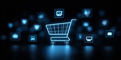 Glow neon shopping cart symbolizing online commerce and digital retail, surrounded by abstract glowing icons on a dark background