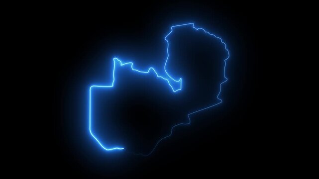 Zambia outline glowing neon blue electric energy map shape animated on black background digital representation of country borders abstract technology concept