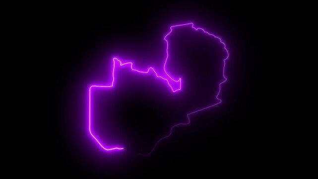 Zambia outline glowing neon purple abstract map shape digital animation dark background Zambia map country