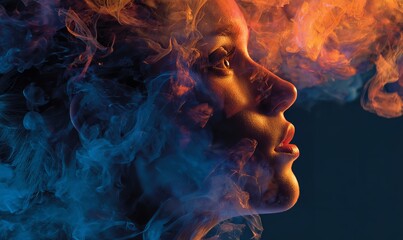 Striking profile of a woman enveloped in vibrant, swirling smoke and light, evoking mystery and transformation