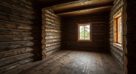 Empty square room with log cabin, log home construction