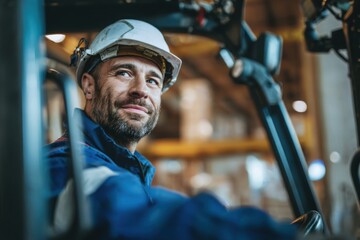 industrial worker wearing safety helmet and uniform, operating a forklift inside a warehouse or logistics facility.