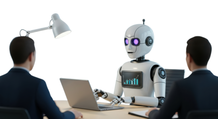 Futuristic robot businessman having a professional corporate meeting with human colleagues isolated PNG with Transparent Background
