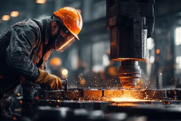 Industrial worker using an angle grinder on a metal surface, wearing protective gear as bright sparks fly in a factory setting.