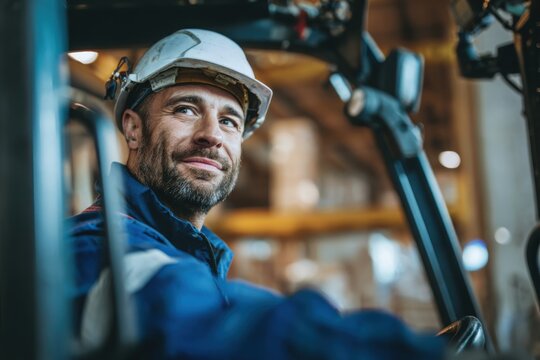 industrial worker wearing safety helmet and uniform, operating a forklift inside a warehouse or logistics facility. - Powered by Adobe