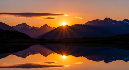 Fototapeta premium Golden Sunburst Sunset Over Silhouetted Mountains with Lake Reflection.