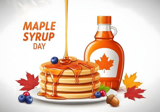 Delicious maple syrup day celebration with pancakes blueberries and autumn leaves - Powered by Adobe