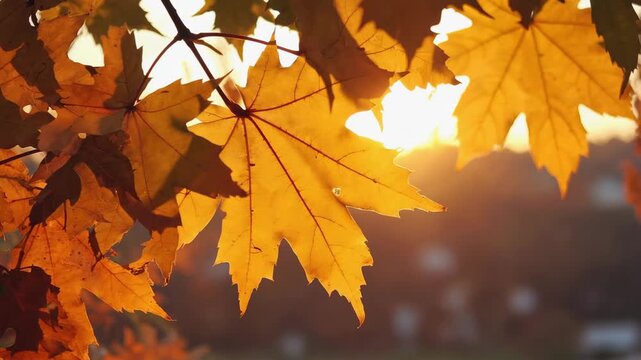 Golden maple leaves illuminated by warm sunlight during a beautiful autumn sunset