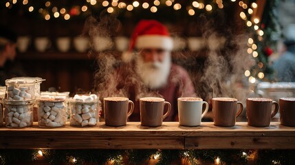 Santa selling hot chocolate with marshmallows at christmas market stall