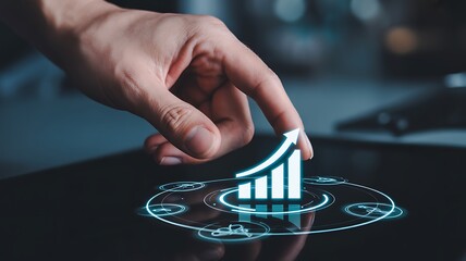 Digital market growth analysis with upward trending bar chart and futuristic circular interface on a dark reflective surface