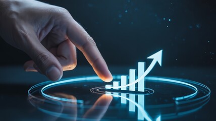Hand touches digital interface with upward bar graph, symbolizing business growth, financial success, and data analysis