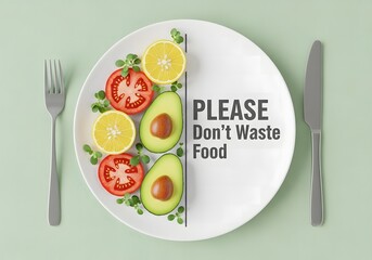 Please don’t waste food awareness poster with half empty plate and fresh vegetables, food conservation and sustainability concept.
