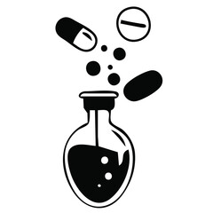 Black Icon Illustration of Pills and Capsules Dropping into a Laboratory Flask