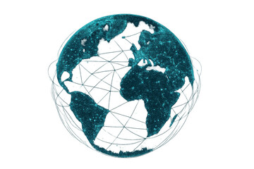 Digital earth globe forming a network, connecting continents and showing global communication data, transparent background