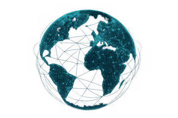 Digital earth globe forming a network, connecting continents and showing global communication data, transparent background