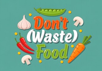 Dont waste food message surrounded by fresh vegetables and ingredients.