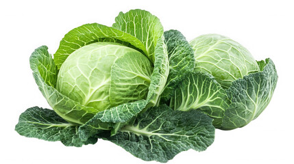 Two fresh green cabbages with outer leaves displayed against a dark background in a studio shot on transparent background