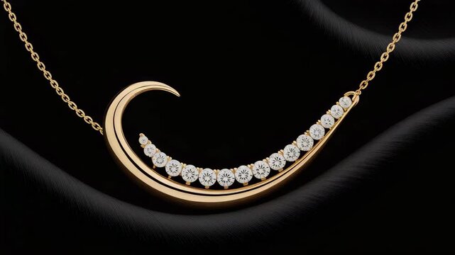 Golden necklace with sparkling diamonds on a crescent-shaped pendant against a dark luxurious background