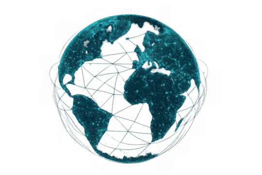 Digital earth globe forming a network, connecting continents and showing global communication data, transparent background - Powered by Adobe