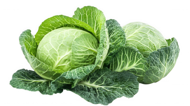 Two fresh green cabbages with outer leaves displayed against a dark background in a studio shot on transparent background