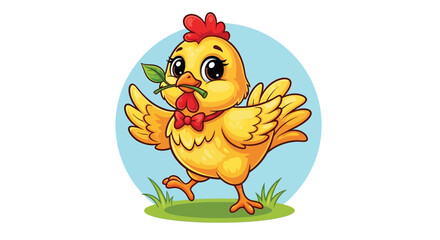 Fototapeta premium Adorable cartoon chick strutting with a leaf in its beak, ready for spring, Easter, or a fun farm adventure, radiating playful charm and innocence