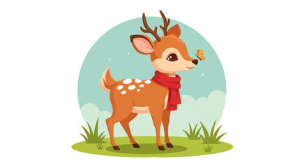 Naklejka premium Adorable fawn wearing scarf meets butterfly in charming cartoon illustration perfect for children's books, holiday cards, and sweet seasonal designs