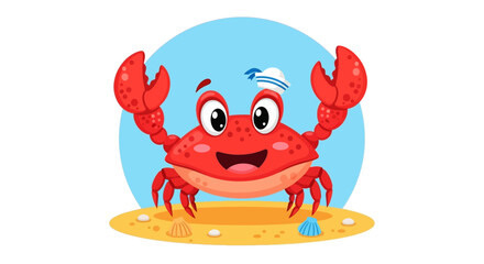 Adorable cartoon crab wearing a sailor hat, perfect for children's books and ocean themed party invitations or cute summer designs featuring sea life
