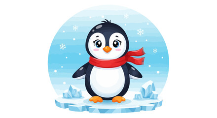 Adorable cartoon penguin with a bright red scarf stands on icy ground, perfect for winter holiday greetings and children's books