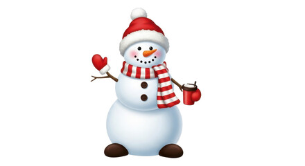 Joyful snowman wearing festive hat and scarf, holding a warm drink, ready to celebrate winter holidays and seasonal cheer