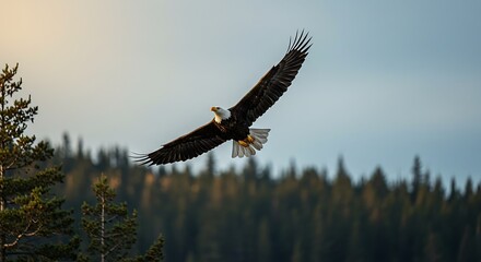 Obraz premium Majestic Bald Eagle Soaring Above the Forest Canopy.